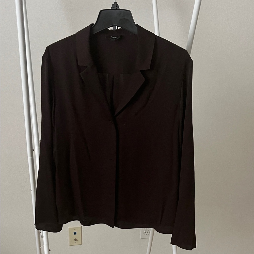 Theory Dark Brown Silk Long Sleeve Blouse
